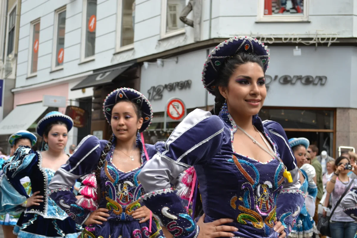 Female dancers of Caporales DK at the Copenhagen Carnival Parade.