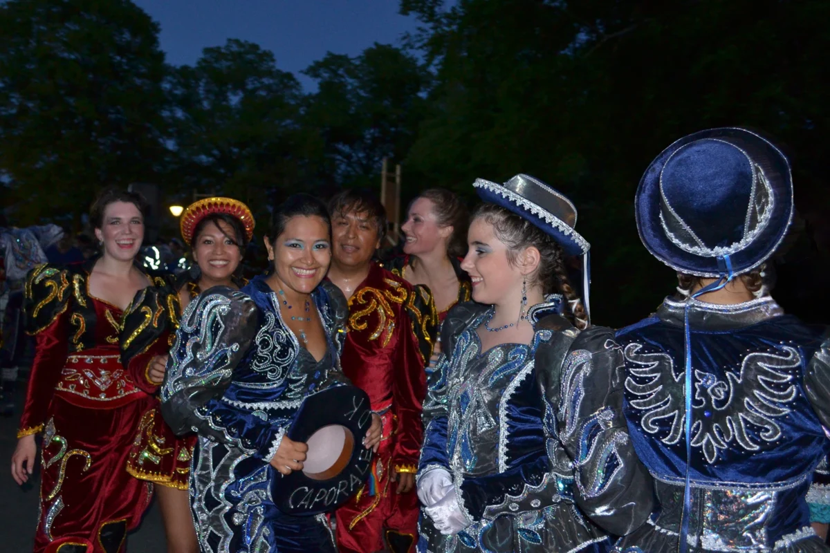Members of the Caporales DK dancing troupe gather together at the end of the Copenhagen Carnival.